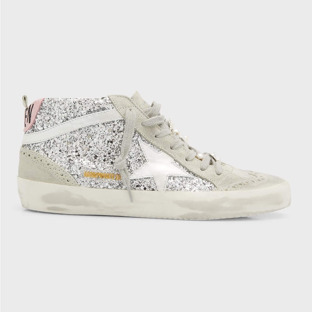 Golden Goose Mid Star Glitter Star Sneakers - Silver/Pink